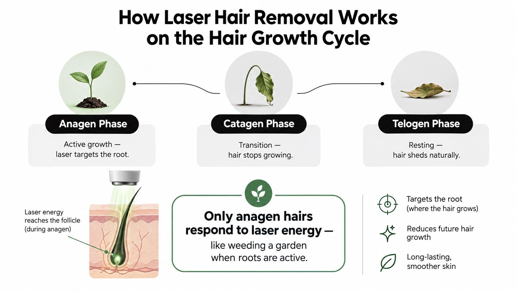 A diagram explaining how laser hair removal targets hair follicles during the active anagen growth phase.