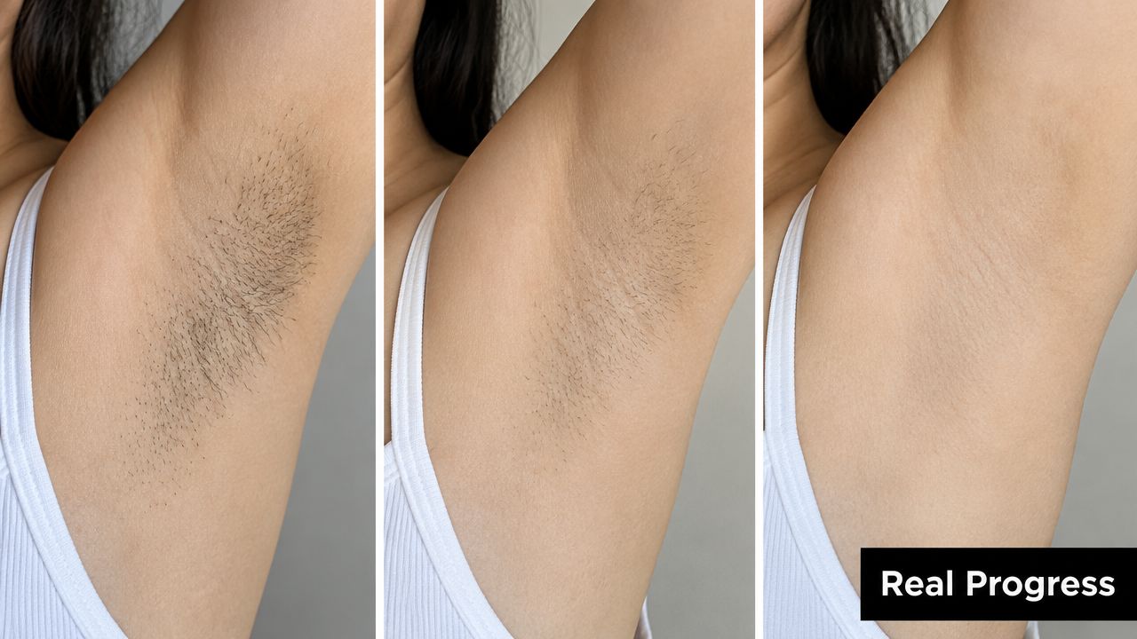 Three stages of underarm hair reduction, showing clear progress from hairy to smooth skin after treatment.
