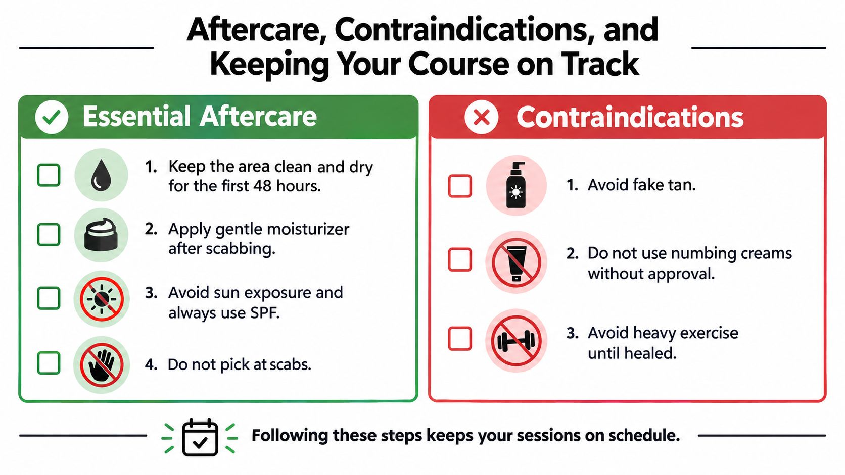 An informational infographic listing essential aftercare and contraindications for laser tattoo removal procedures to ensure safety.