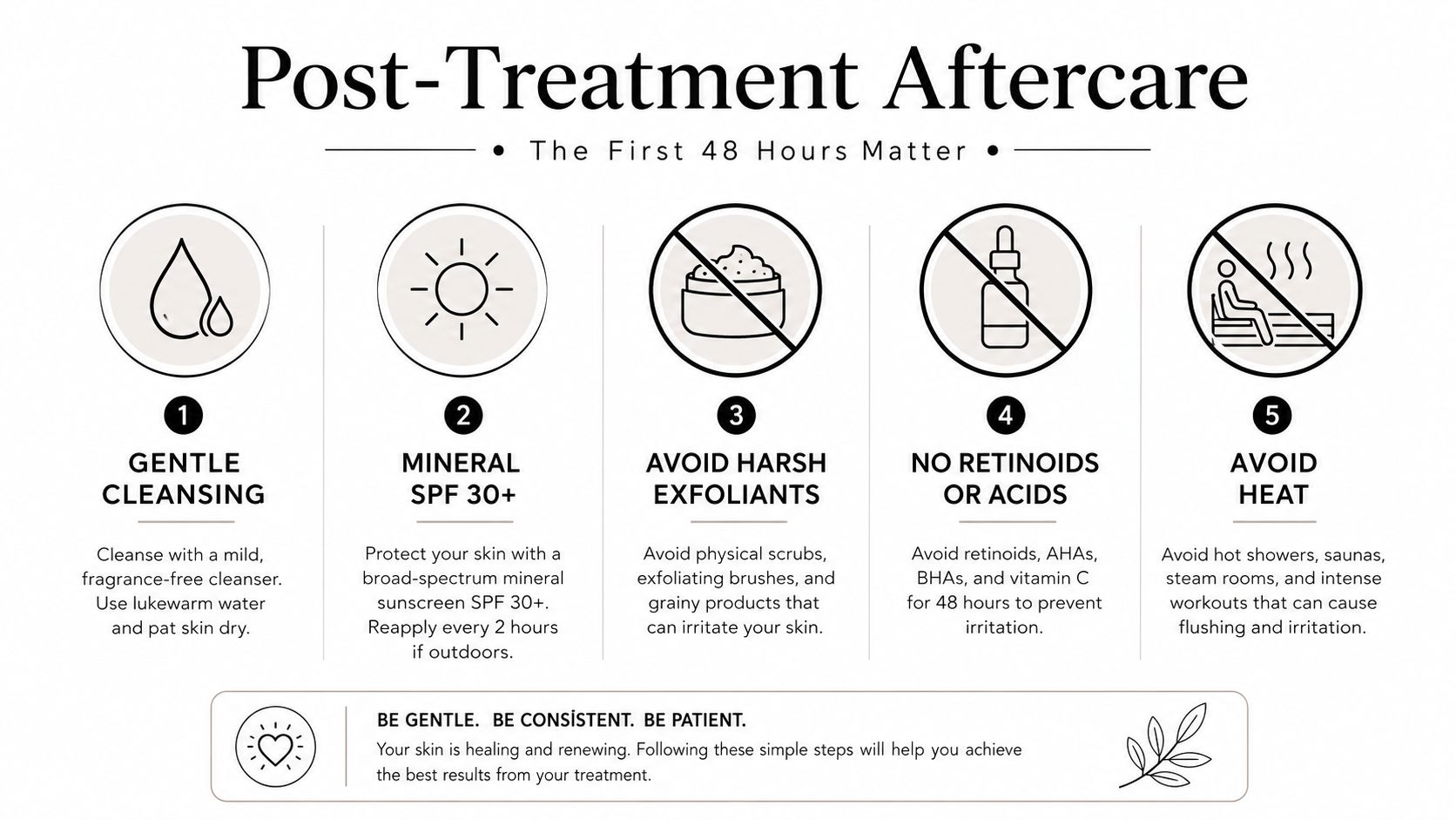 A visual guide outlining five essential steps for post-treatment facial aftercare to help skin heal correctly.