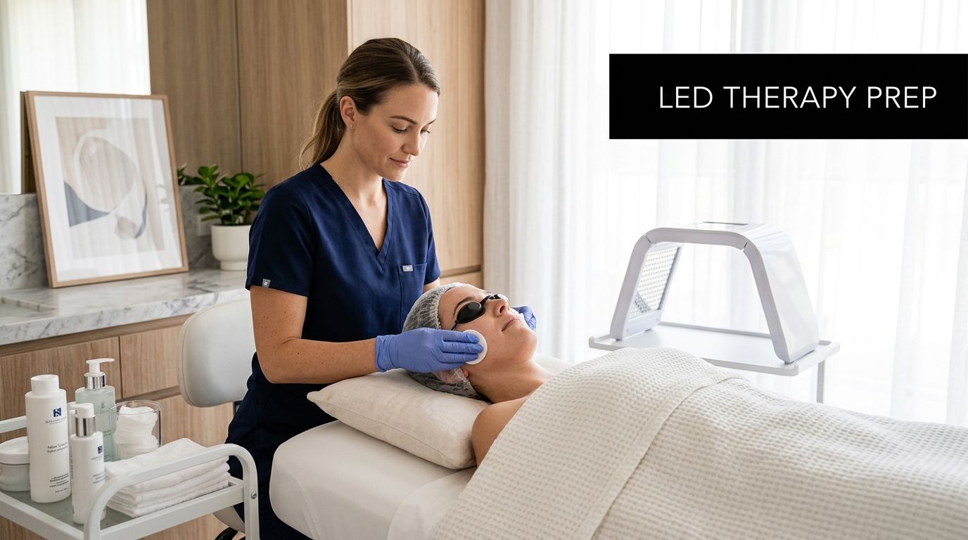 A professional esthetician preparing a client's skin for an LED light therapy facial treatment in a spa.