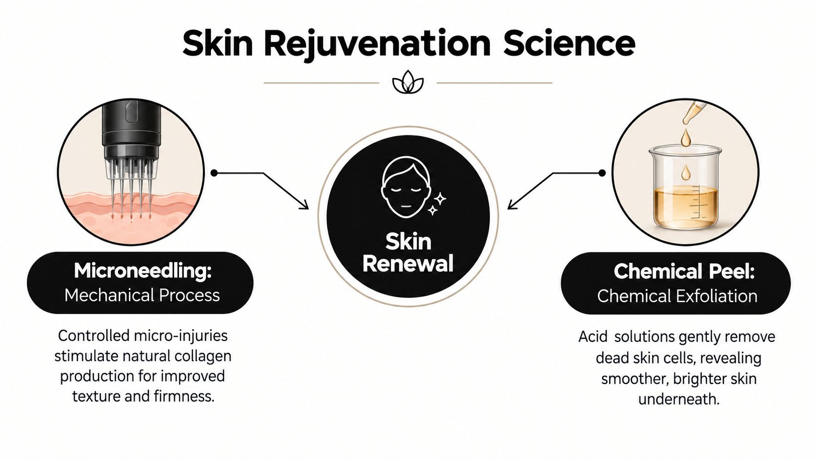 A science infographic comparing microneedling and chemical peels to explain how they achieve skin renewal.