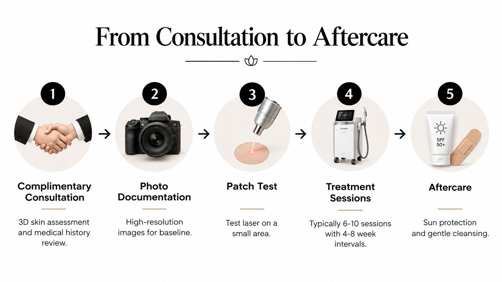 A five-step infographic showing the process of medical laser therapy from consultation to post-treatment aftercare.