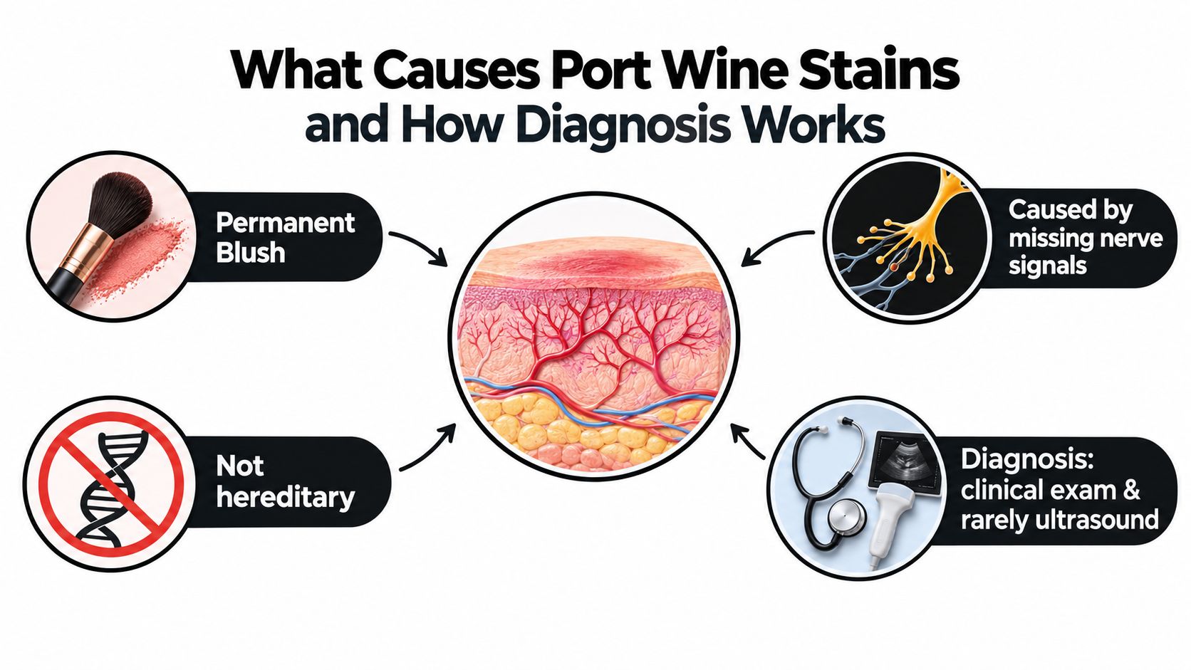 An infographic titled What Causes Port Wine Stains illustrating medical facts, hereditary status, and diagnostic procedures.