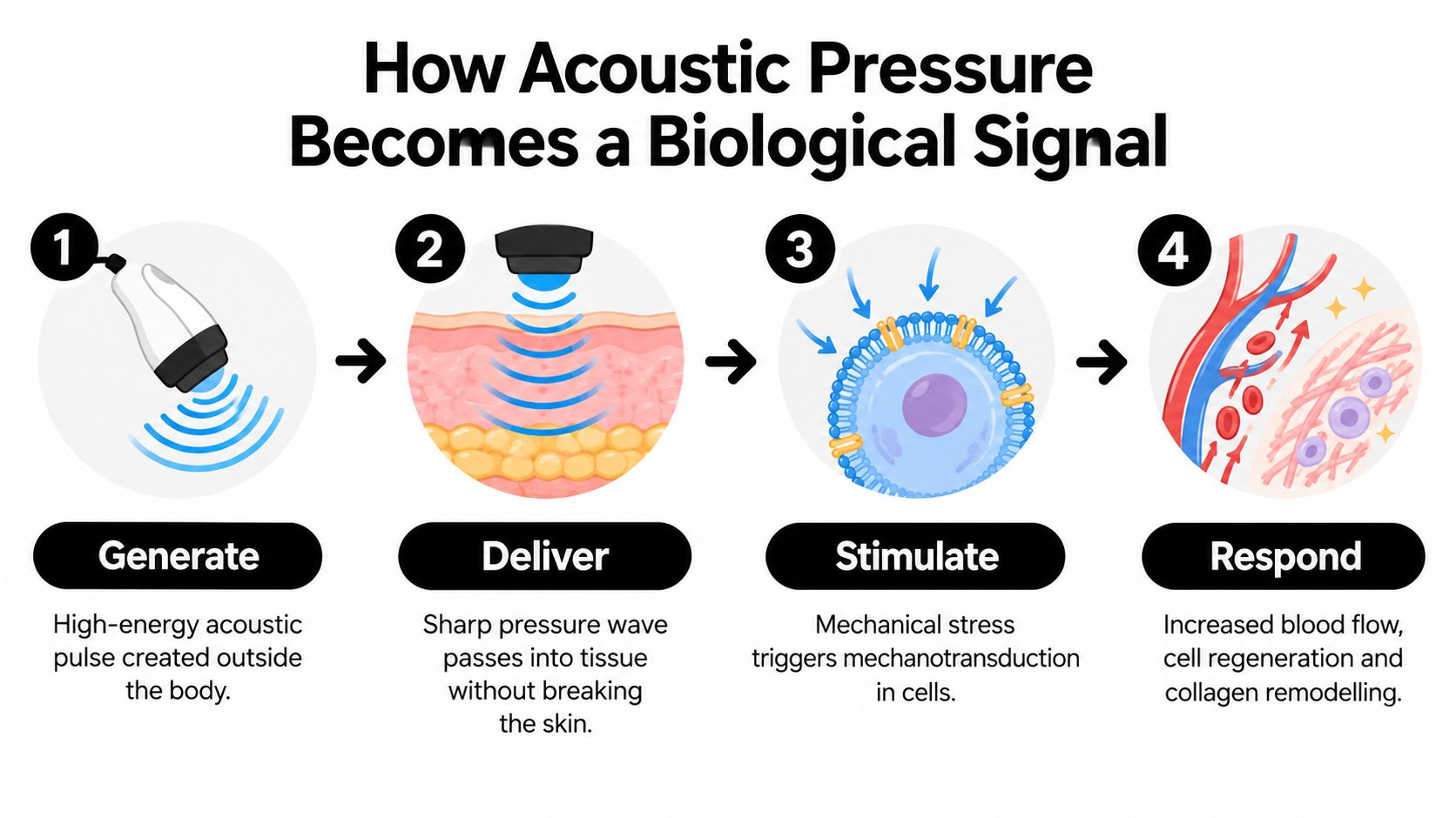 A four-step diagram illustrating how acoustic pressure waves are used in shockwave therapy for cellular healing.