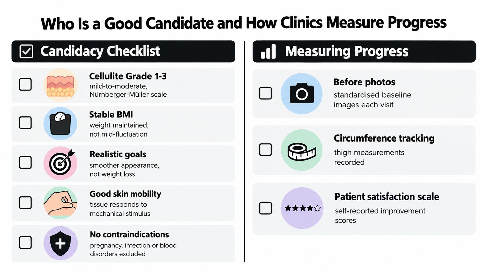 A checklist infographic detailing candidacy requirements for cellulite treatment and methods clinics use for measuring patient progress.