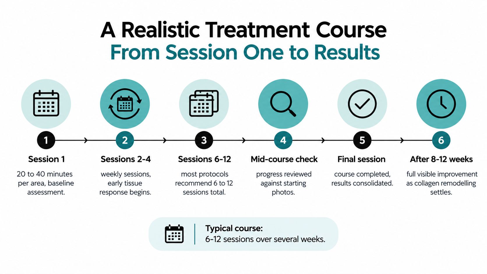 An infographic showing a six-step timeline for a typical multi-session shockwave therapy treatment course and results.