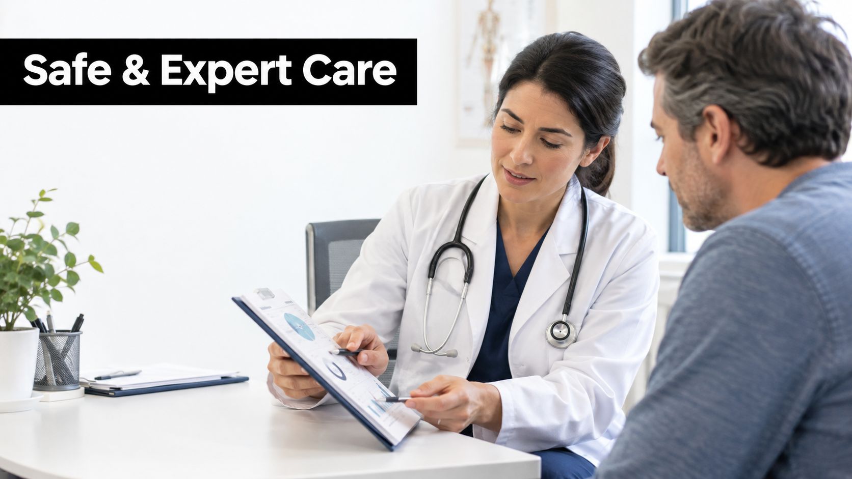 A female doctor with a stethoscope discusses medical documents with a male patient in an office.