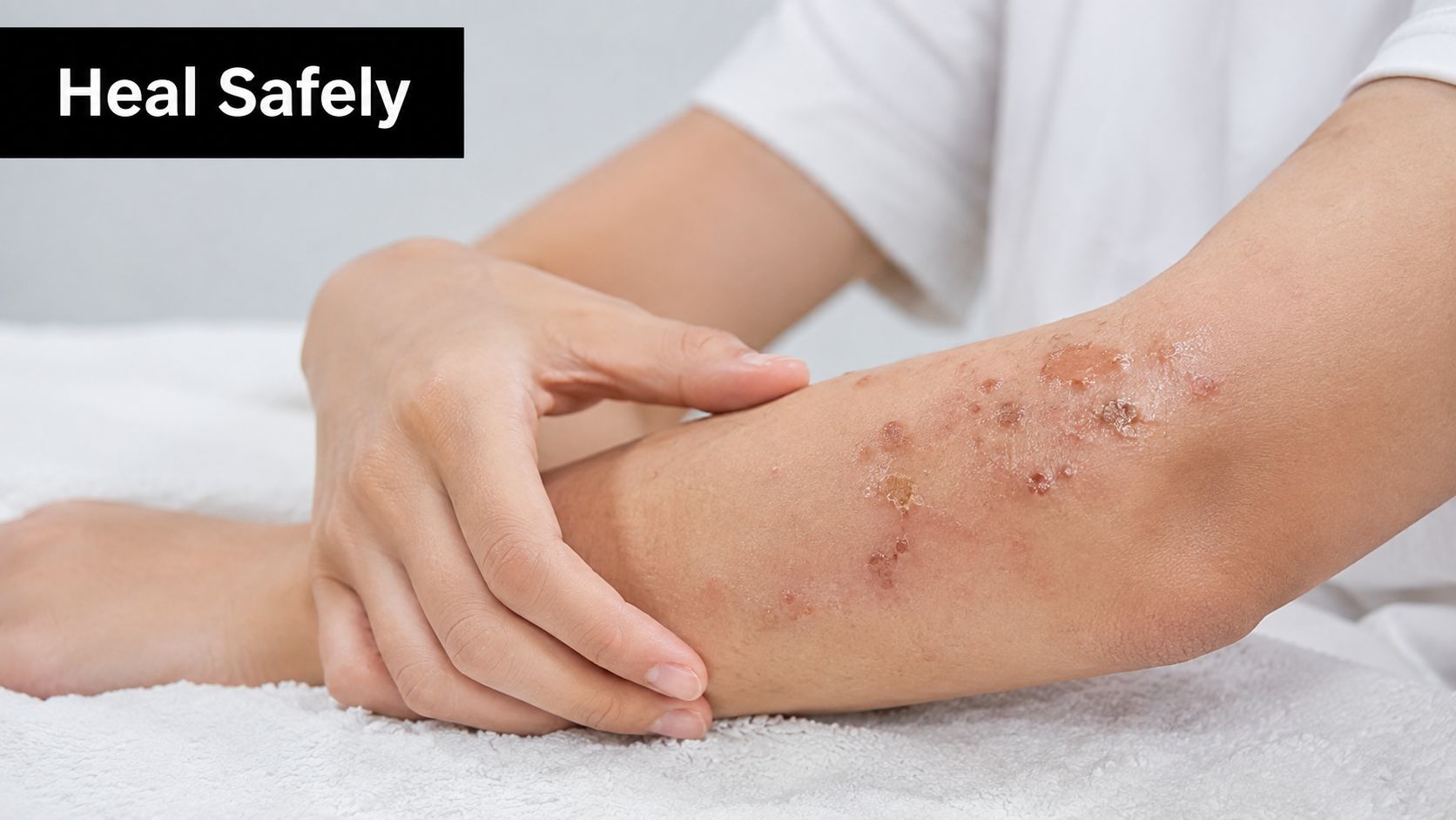 A close-up view of an arm showing irritated skin, rashes, and scabbing requiring proper aftercare treatment.
