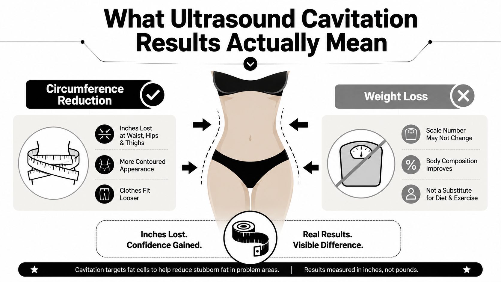 An infographic explaining that ultrasound cavitation causes inch loss rather than weight loss for body contouring.