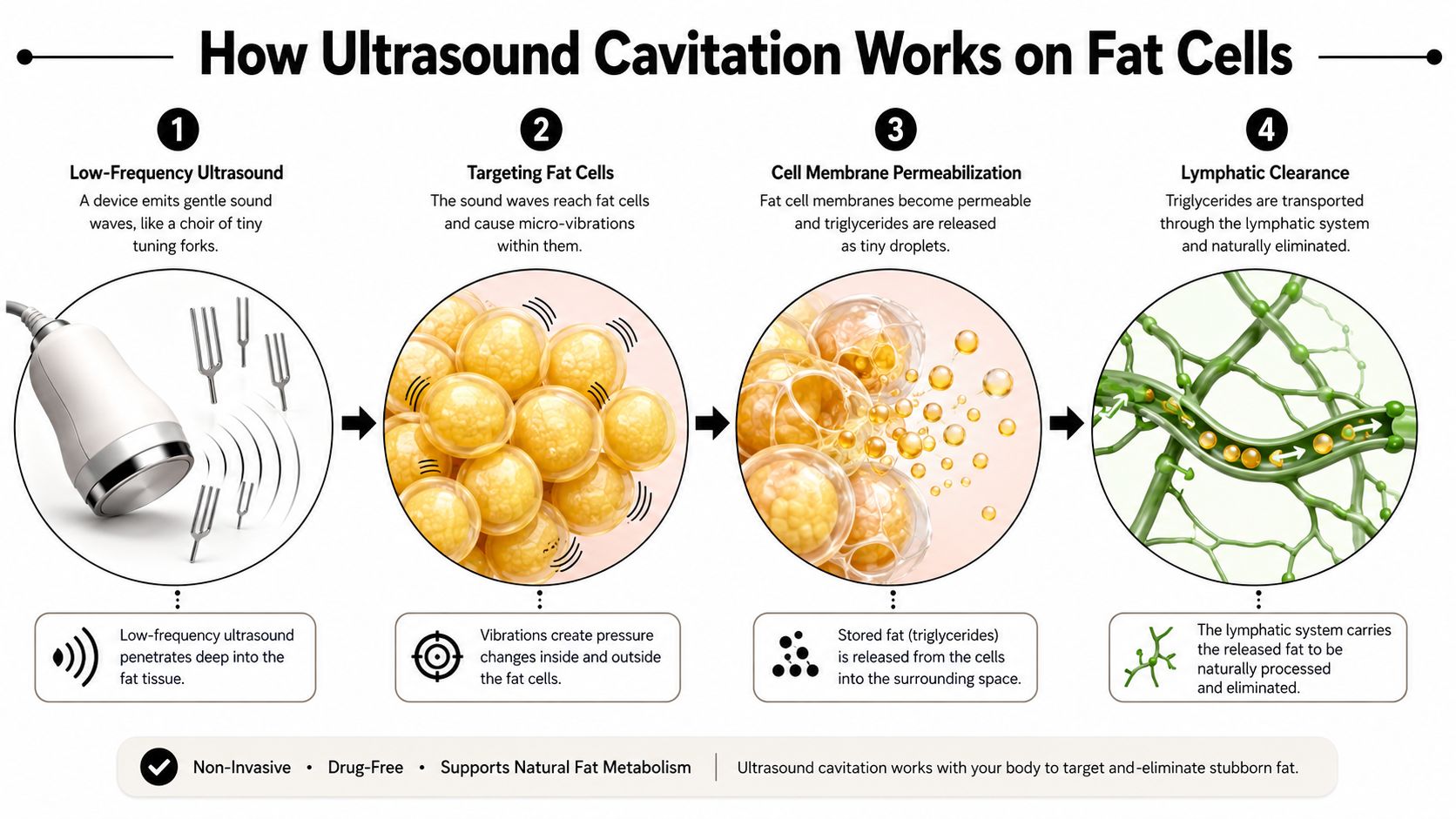 An infographic diagram illustrating the four-step process of how ultrasound cavitation therapy targets and removes fat cells.
