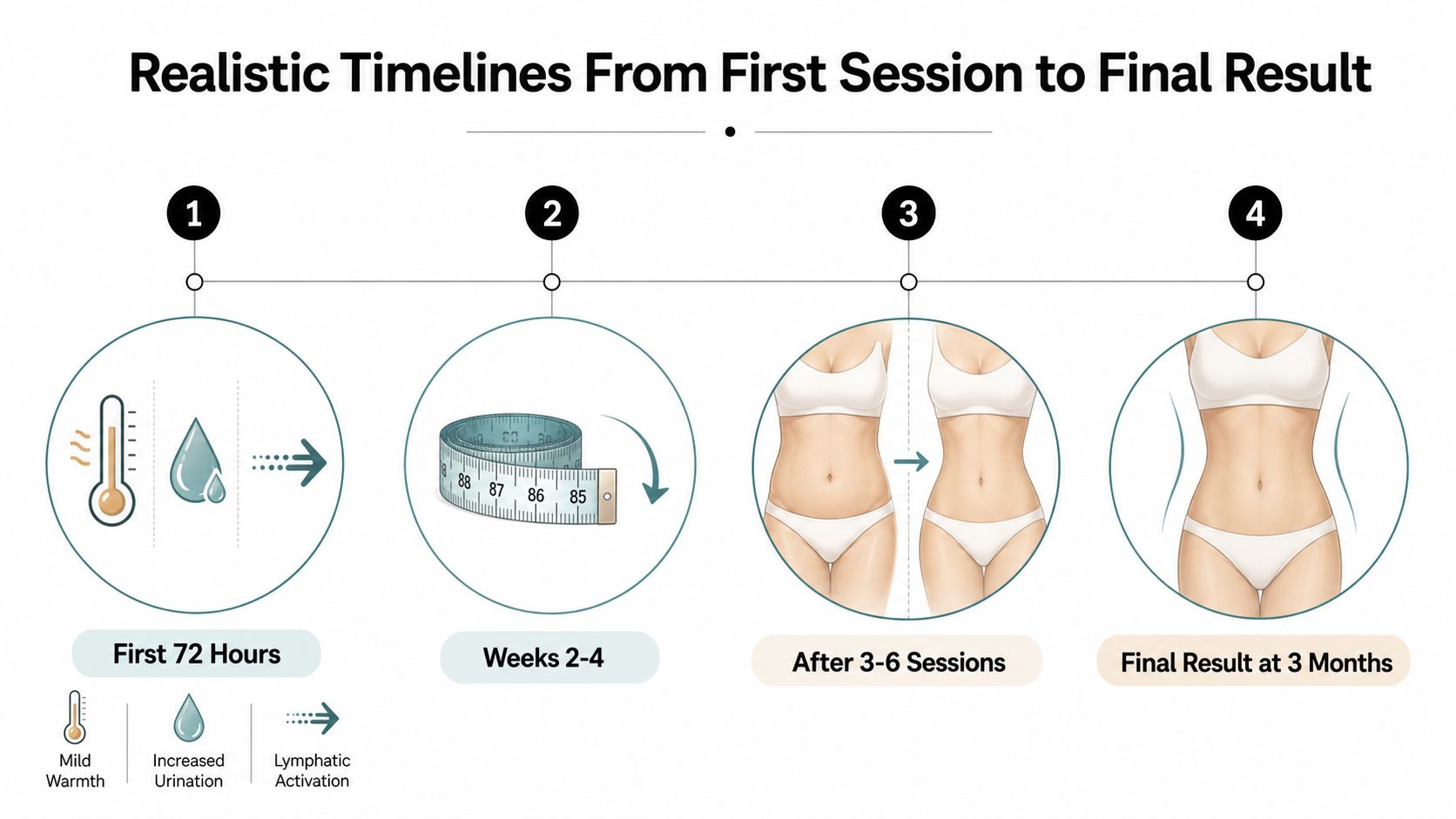 A timeline graphic illustrating the stages and expected results of an ultrasound cavitation body contouring treatment program.