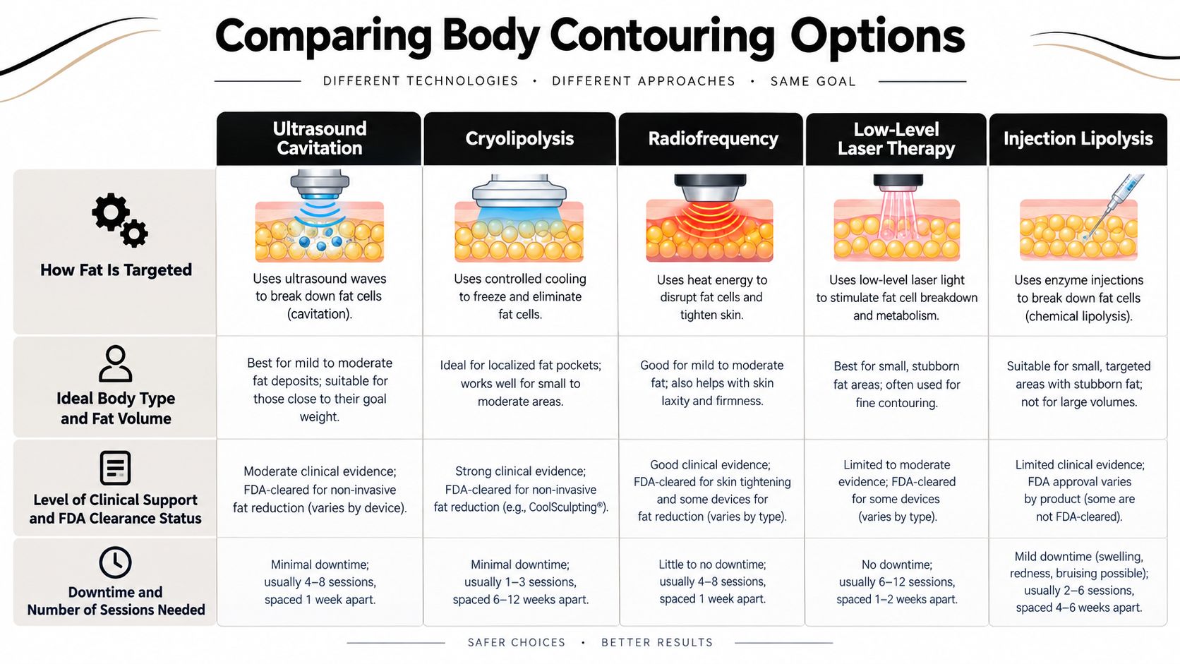 A comparison chart outlining different non-invasive body contouring technologies, their mechanisms, and treatment specifications.
