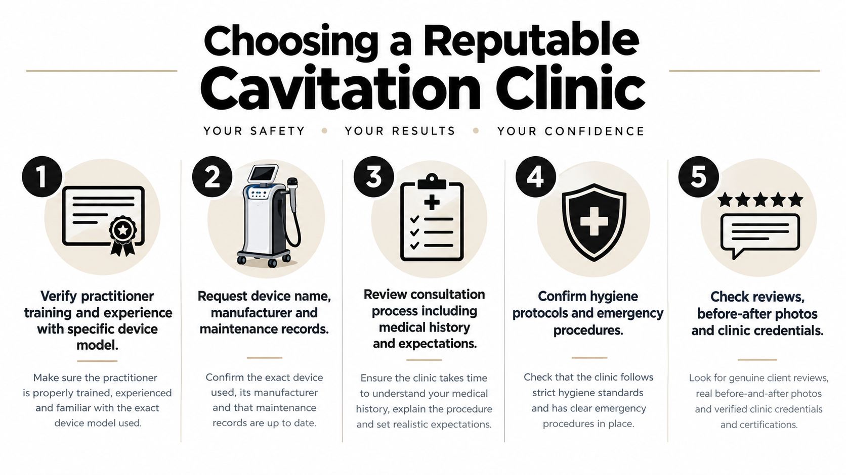 An infographic detailing five steps for choosing a reputable ultrasound cavitation clinic for safety and results.