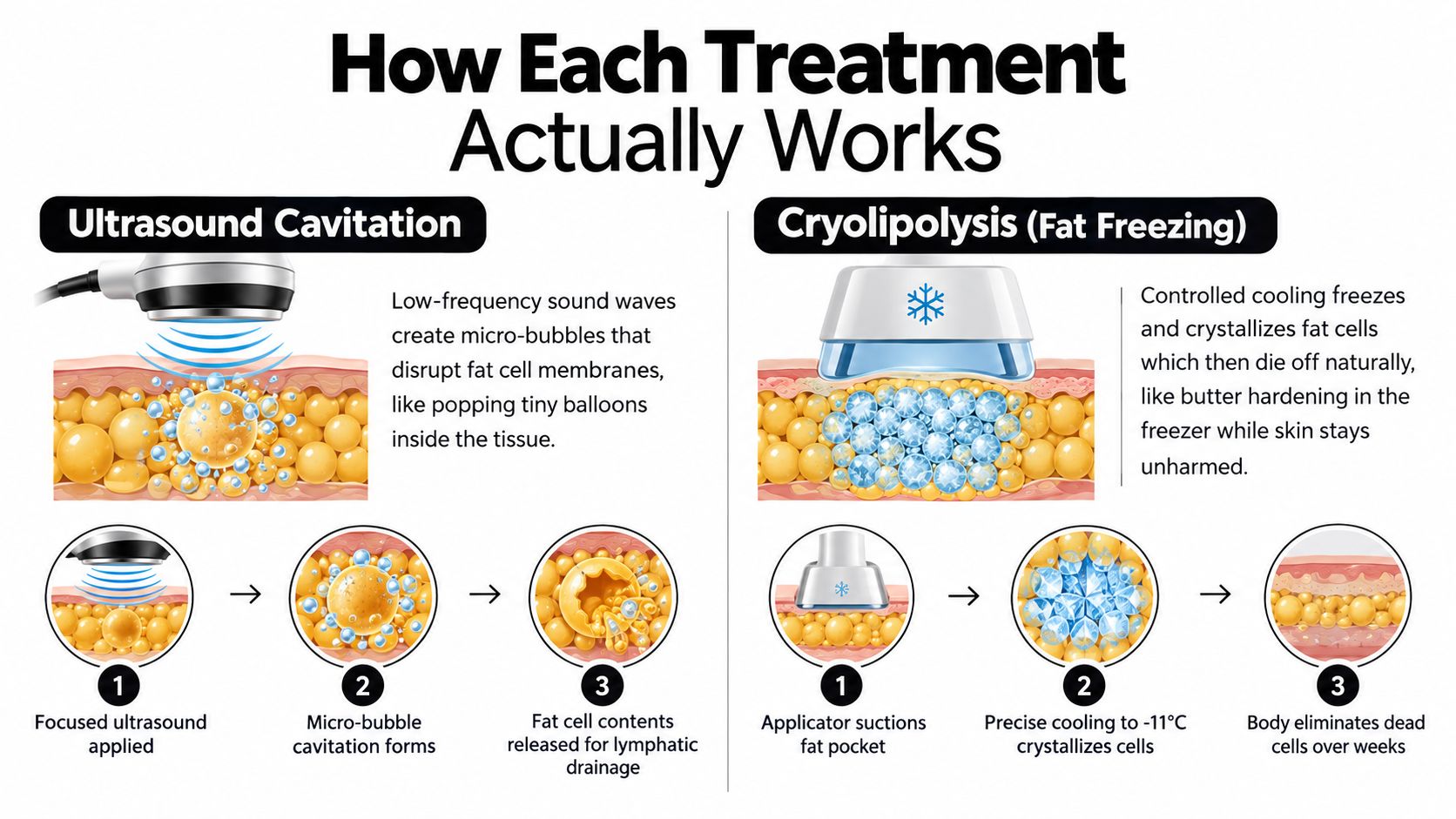 A diagram comparing ultrasound cavitation and cryolipolysis methods for fat reduction and body contouring treatments.