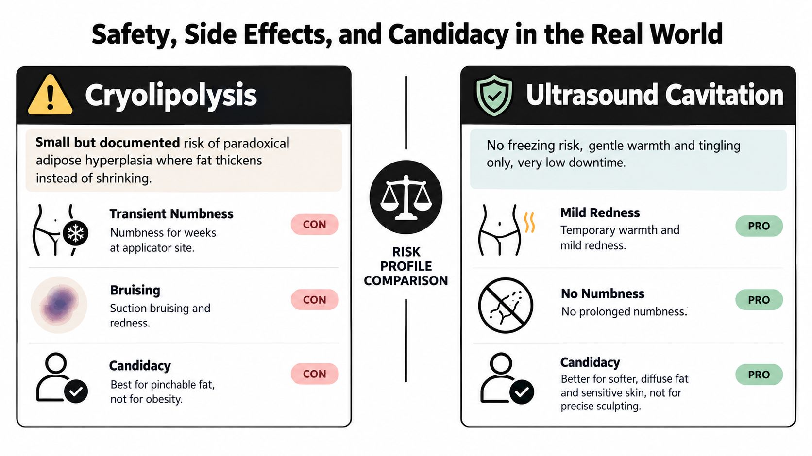 A comparison chart outlining safety, side effects, and candidacy for cryolipolysis and ultrasound cavitation fat reduction treatments.
