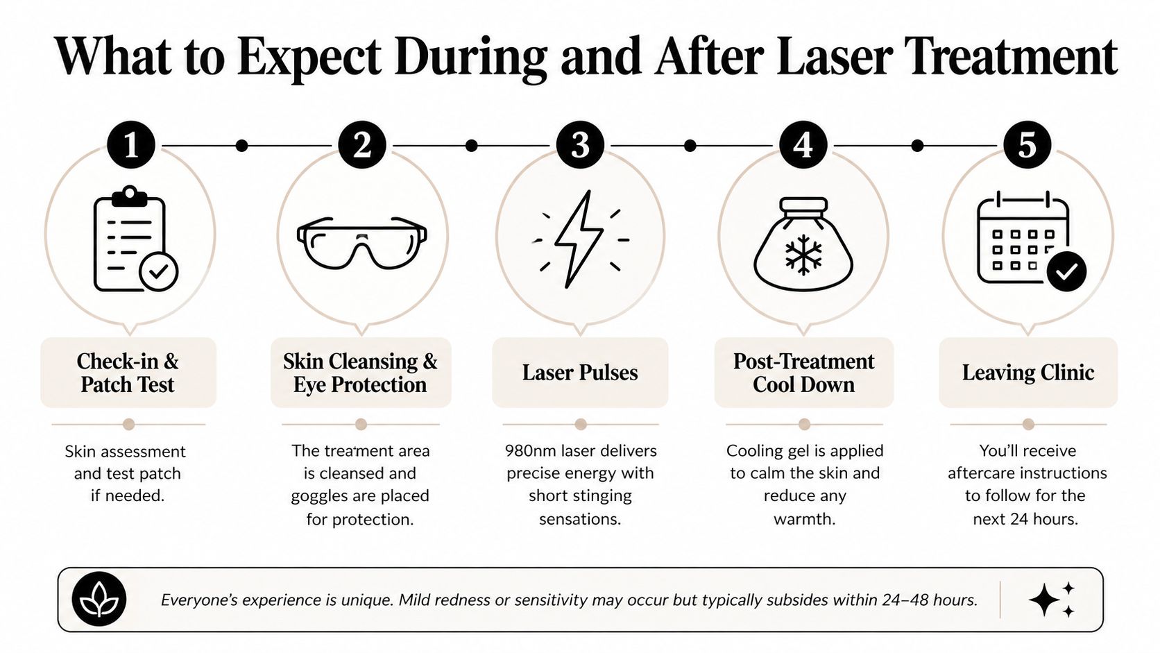 A step-by-step infographic illustrating the process of laser treatment for skin care from start to finish.