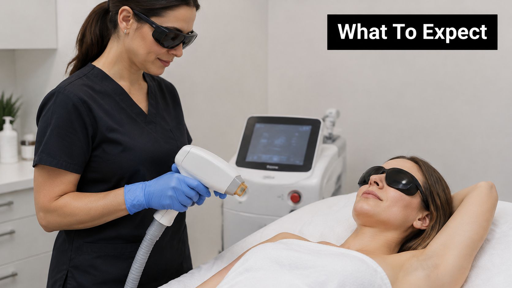 A professional technician performing laser hair removal on a client lying on a treatment table.