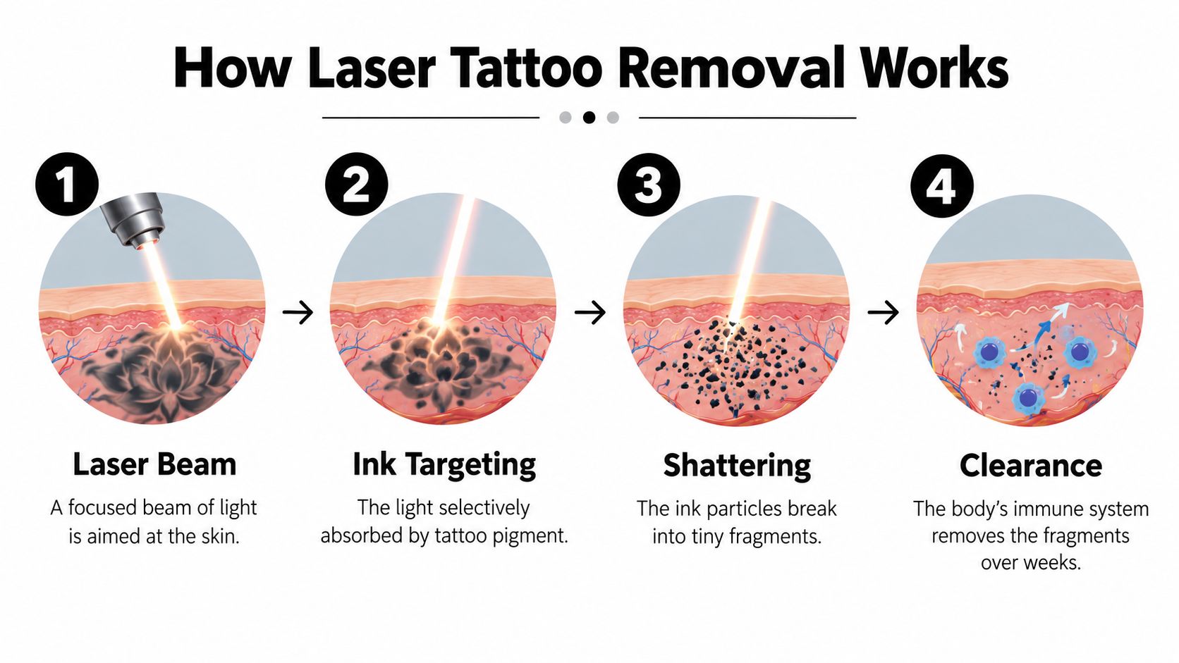 A four-step infographic illustrating the medical process of laser tattoo removal on human skin.
