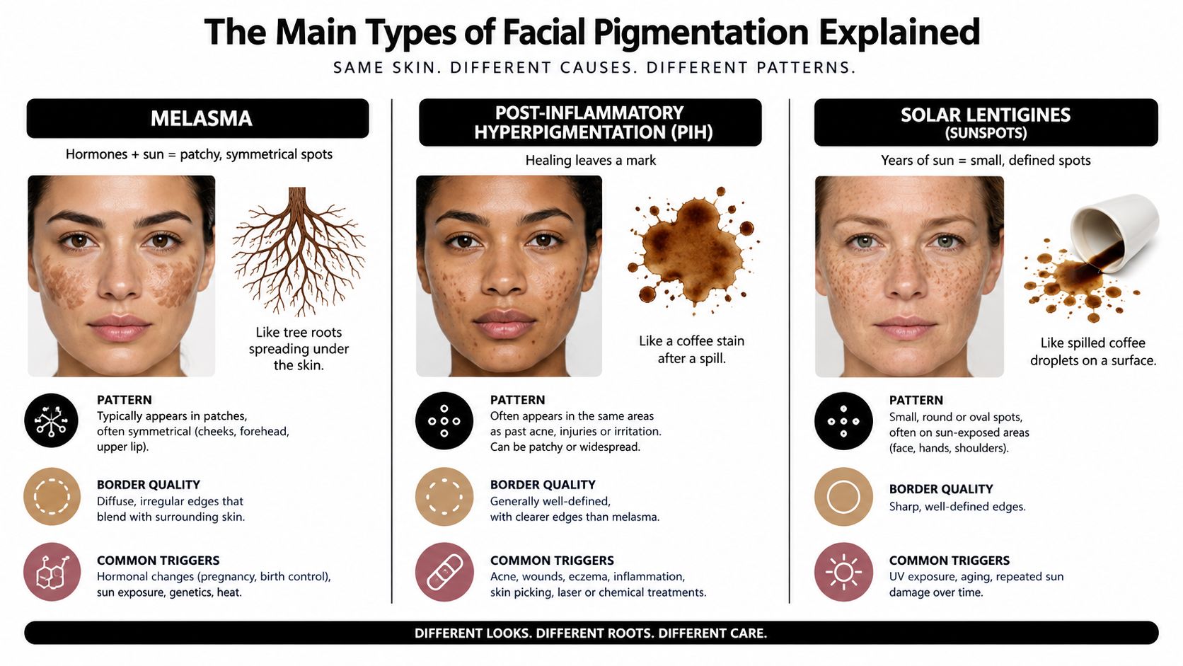 A detailed infographic explaining the main types of facial pigmentation, including melasma, post-inflammatory hyperpigmentation, and solar lentigines.