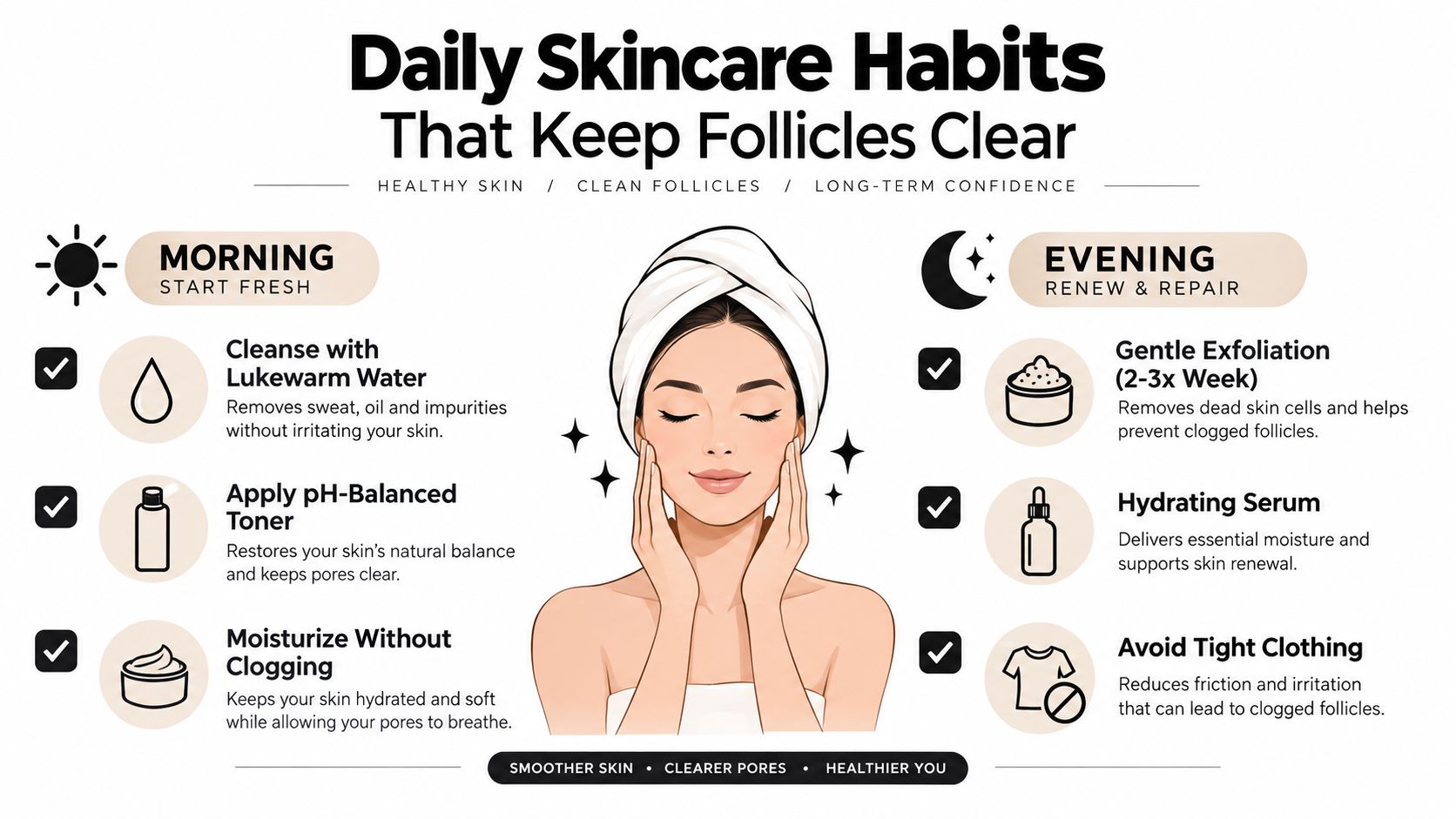 An infographic illustrating daily morning and evening skincare routines for preventing clogged hair follicles and ingrown hairs.