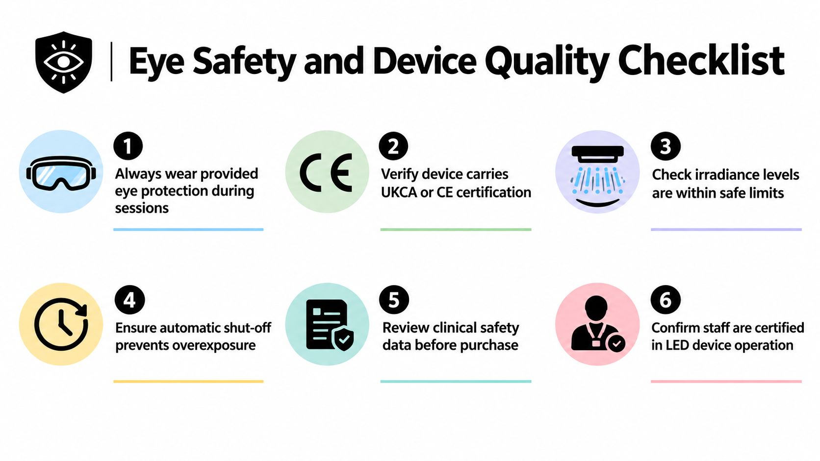 A six-point checklist for eye safety and LED light therapy device quality standards, displayed as an infographic.